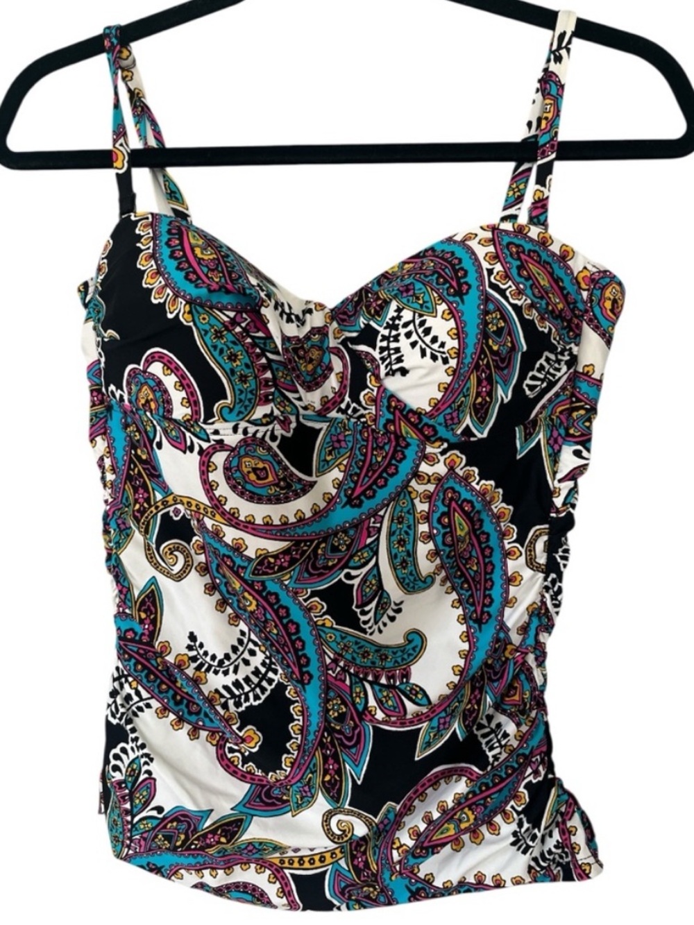 KENNETH COLE Paisley Colorful Convertible Tankini Top Molded Cups Ruched Medium